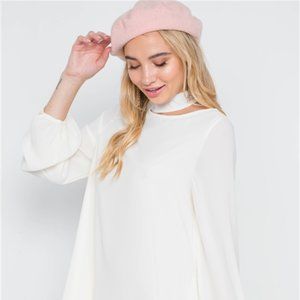 Off White Cut-Out Neck Solid Long Sleeve Dress